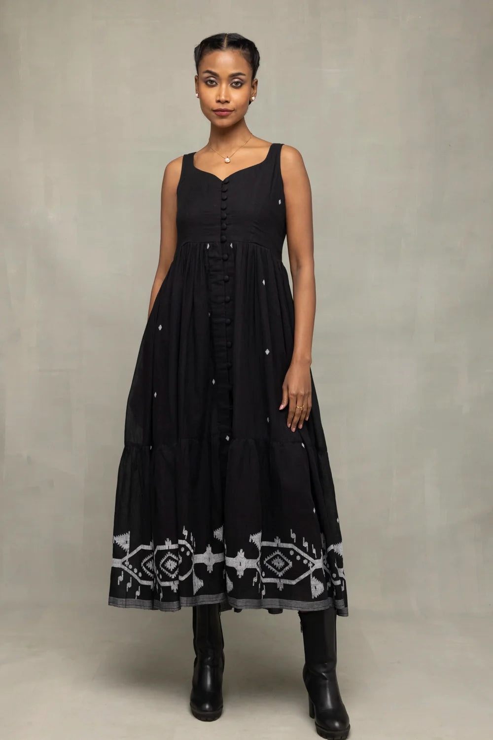 Midnight Black Handwoven Jamdani Tiered Midi Dress