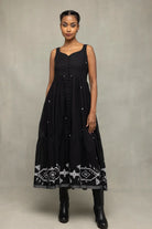 Midnight Black Handwoven Jamdani Tiered Midi Dress