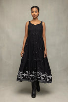 Midnight Black Jamdani Tiered Midi Dress for Summer and Resort Wear