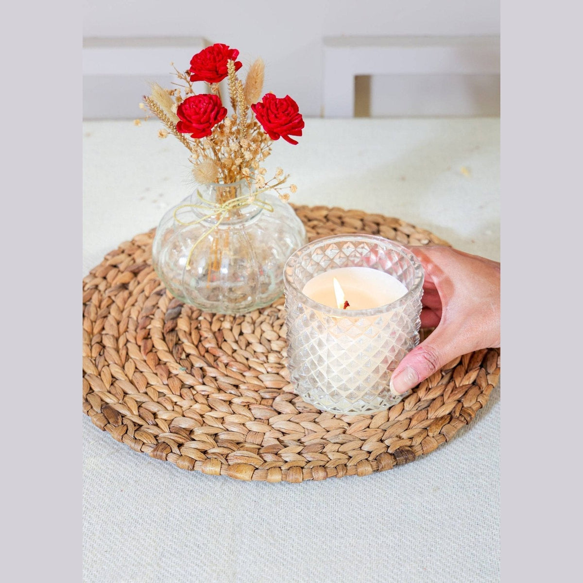 Mini glass bottle vase with Red Velvet dried flower bunch for aesthetic home decor