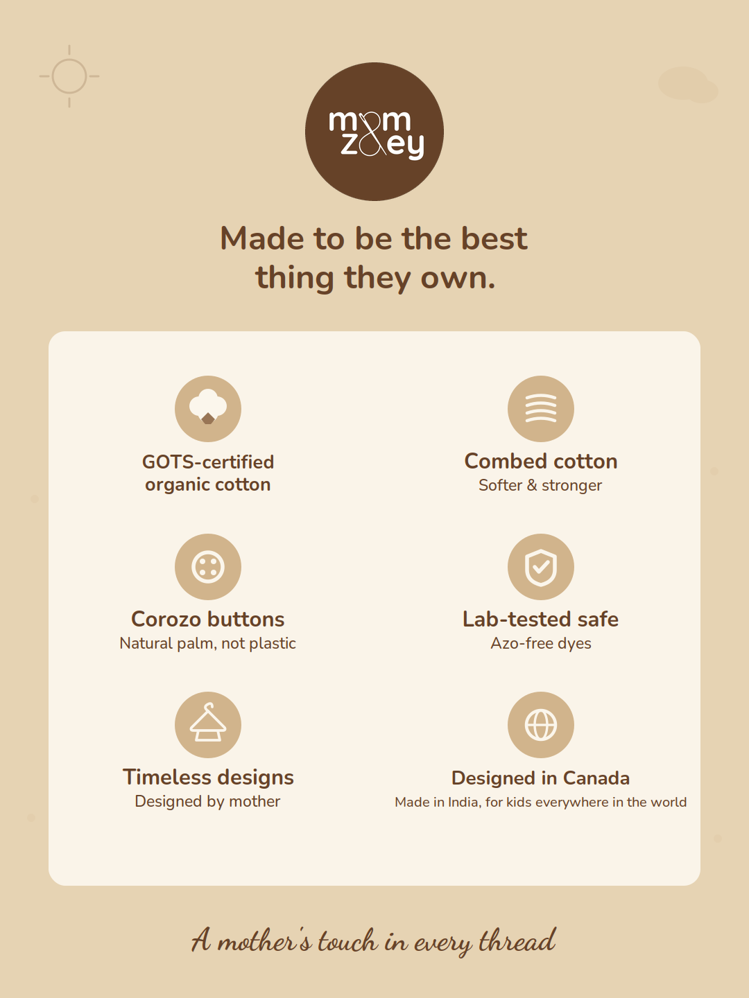 Mom and Zoey quality card - GOTS-certified organic fabric, skin-safe dyes