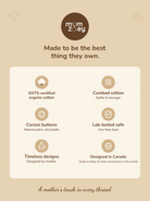 Mom and Zoey quality card - GOTS-certified organic fabric, skin-safe dyes