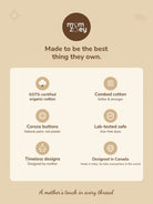 Mom and Zoey quality card - GOTS-certified organic cotton, skin-safe dyes