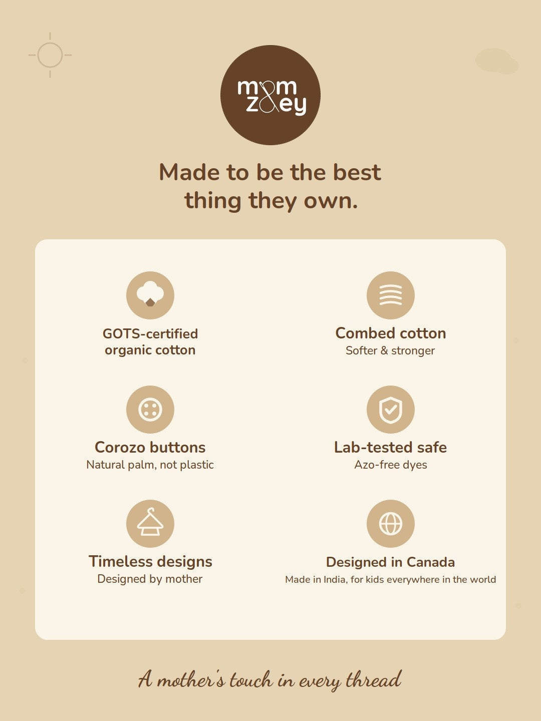 Mom and Zoey quality card - GOTS-certified organic cotton, skin-safe dyes