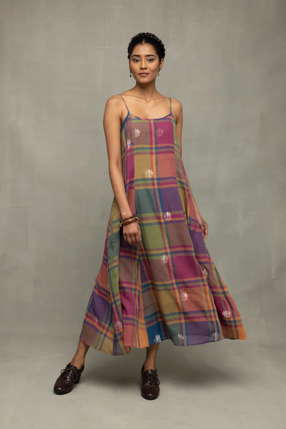 Multicolor Golden Shalpa Jamdani Dress with Golden Zari Weaving
