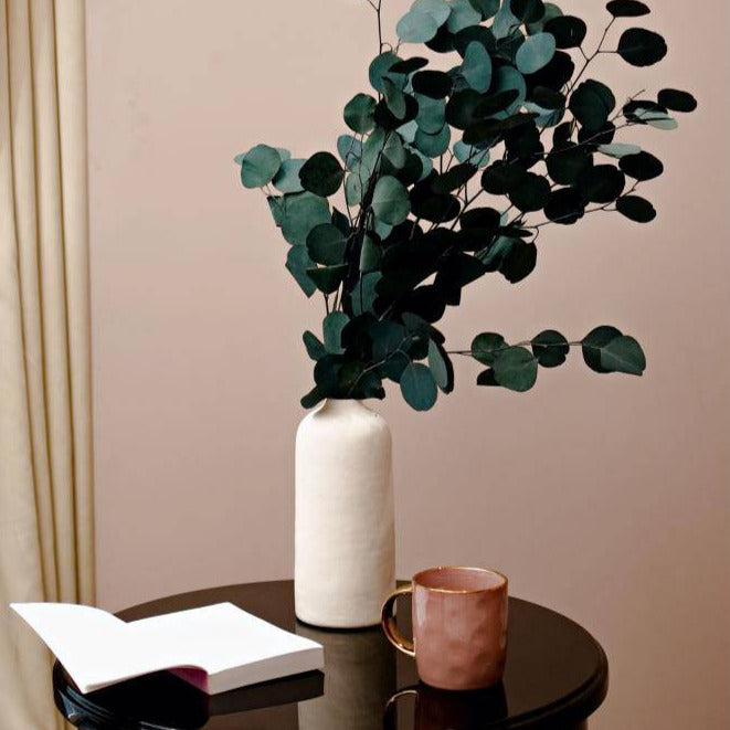 Natural Eucalyptus stems decorative floral arrangement for modern home decor and vase styling.