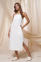 Lusty linen - back knotted solid spaghetti dress white - hand