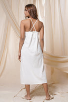 Lusty linen - back knotted solid spaghetti dress white - hand