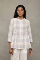 Off White Blue Check Jamdani Top with Zari Motifs