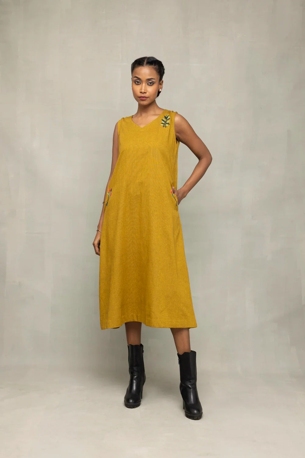 Olive Green Khadi Embroidered Dress