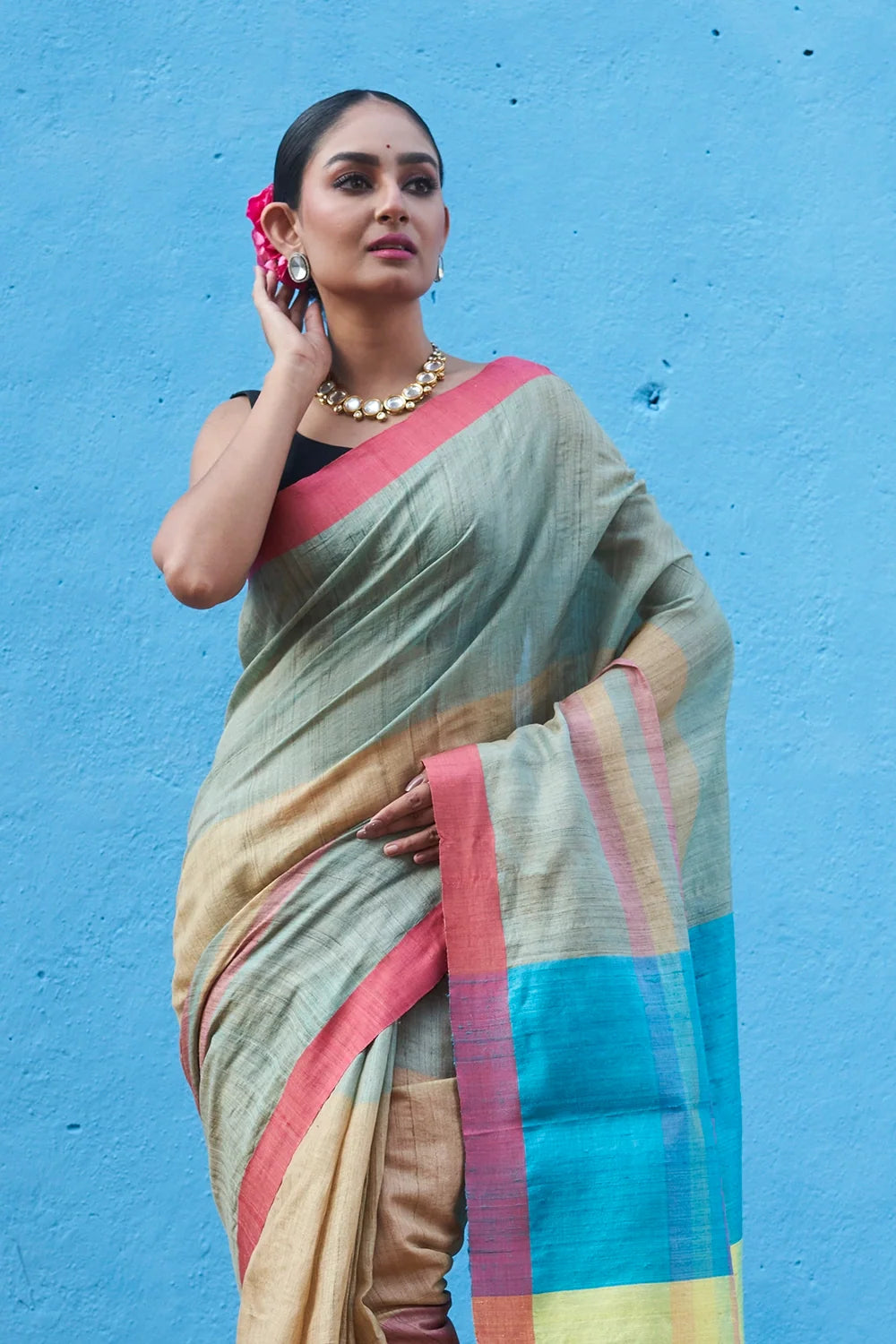 Handloom Pink Multi Colour Pure Tussar Silk Saree-Sutra Art of Clothing