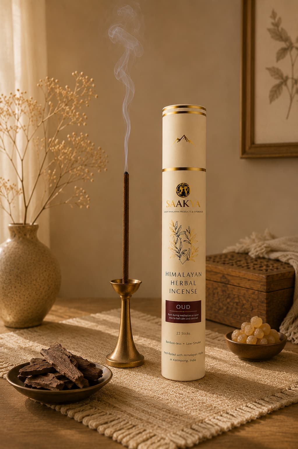 Saakya Himalayan Oud Incense Sticks handcrafted with natural Himalayan botanicals.