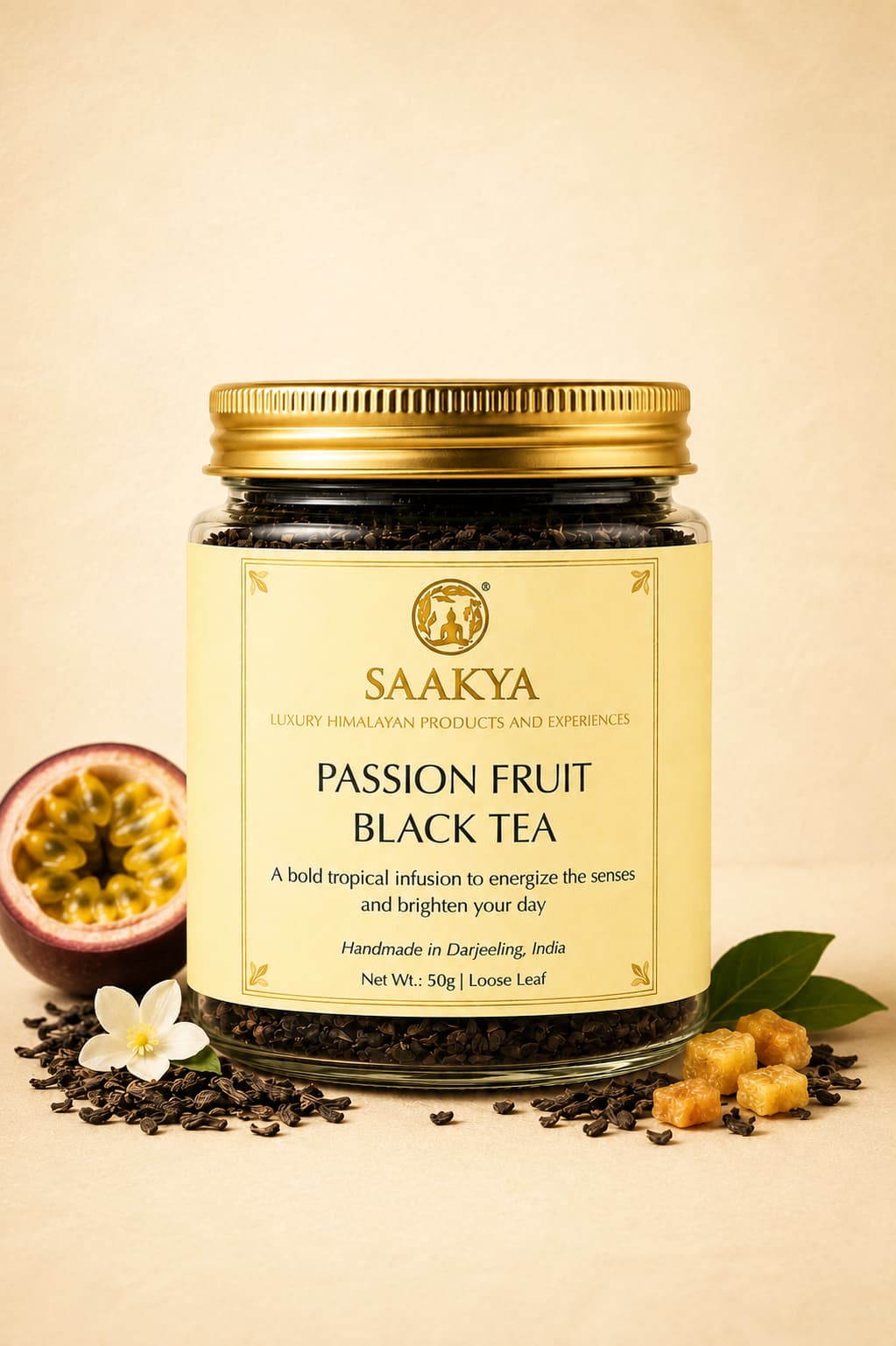Saakya Himalayan Passion Fruit Black Tea handcrafted with premium Darjeeling black tea and natural passion fruit.