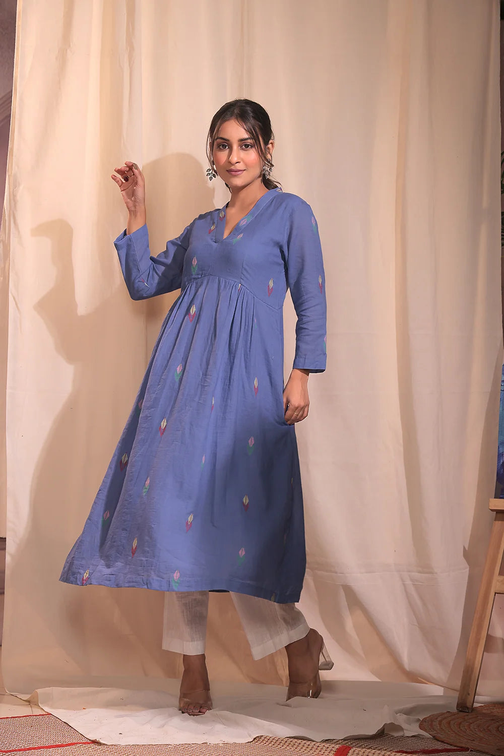 Handloom Sky Blue Pure Cotton Jamdani Kurta Set With Dupatta