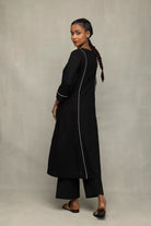 Premium Black Relaxed Kurta Set with White Piping and Jamdani Dupatta for Office Wear