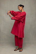 Premium Crimson Red Kala Cotton Oversized Co-ord Set for Weekend Wear