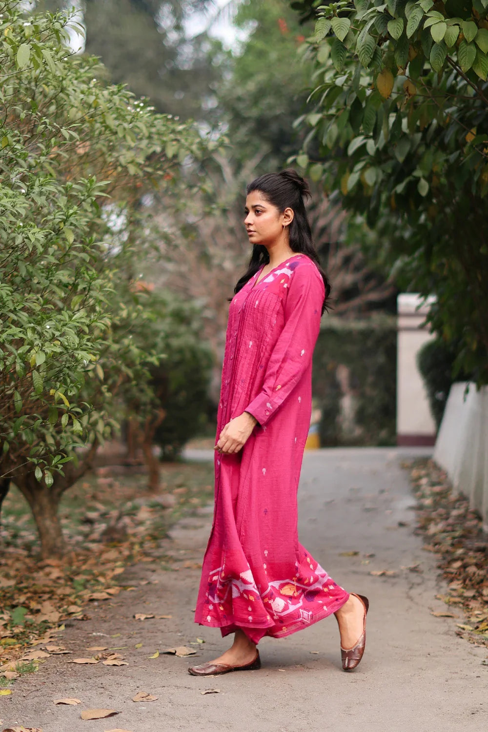 Premium Fuchsia Pink Jamdani Cotton Dress with Silk Woven Border for Wedding Wear