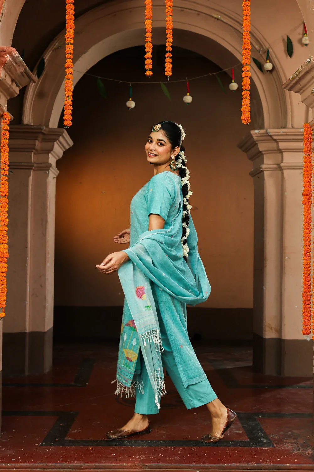Premium Green Handloom Jamdani Kurta Set with Dupatta for Wedding Wear