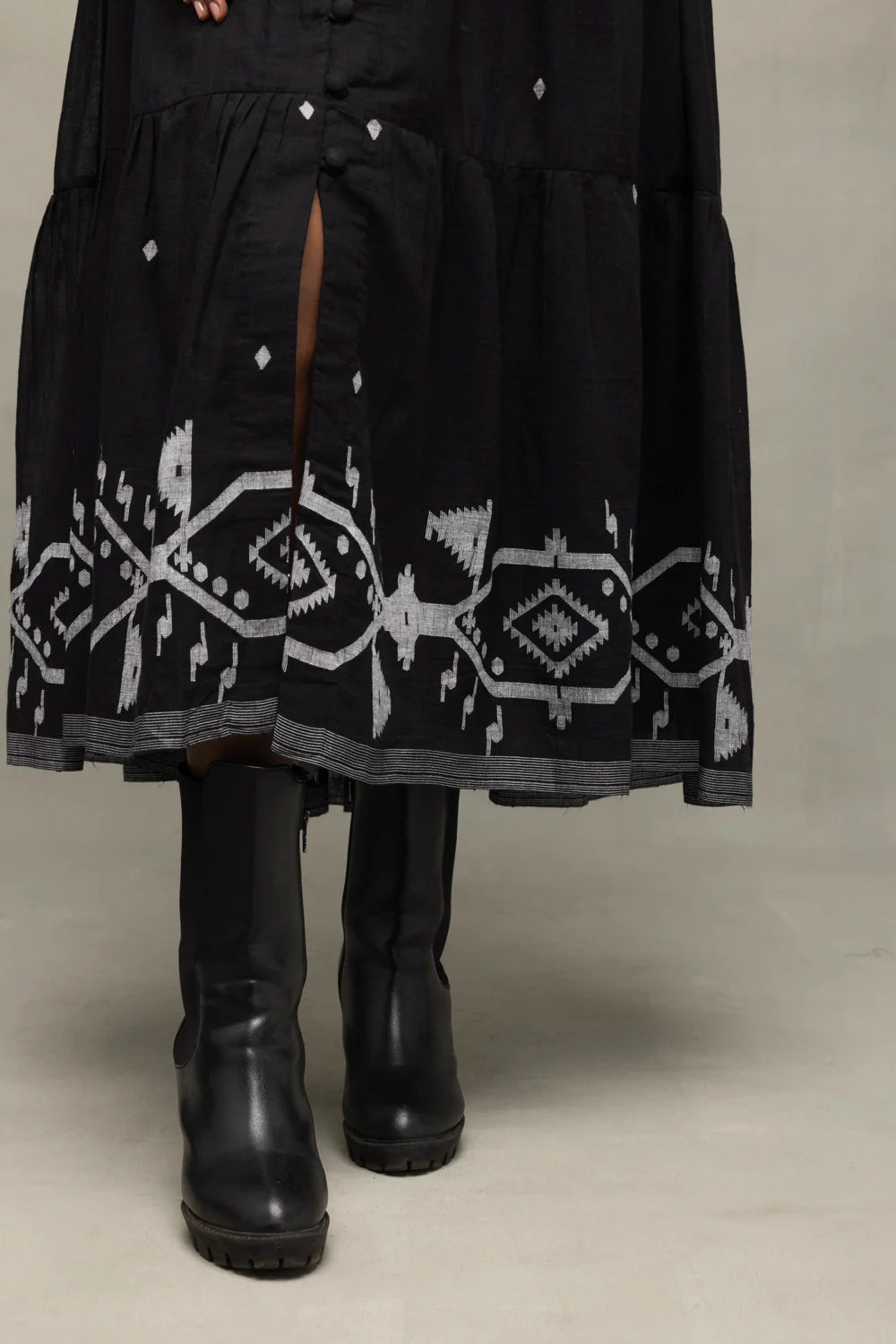 Premium Midnight Black Jamdani Tiered Midi Dress for Wedding and Festive Wear