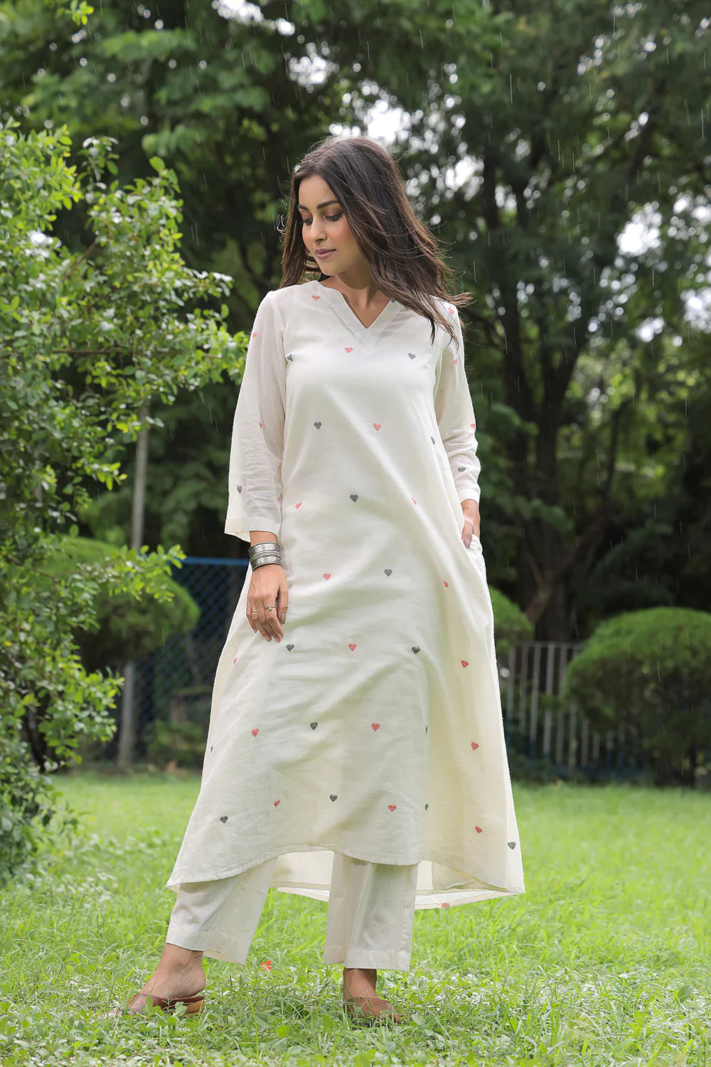 Premium Off White Handloom Heart Jamdani Kurta Set for Office Wear