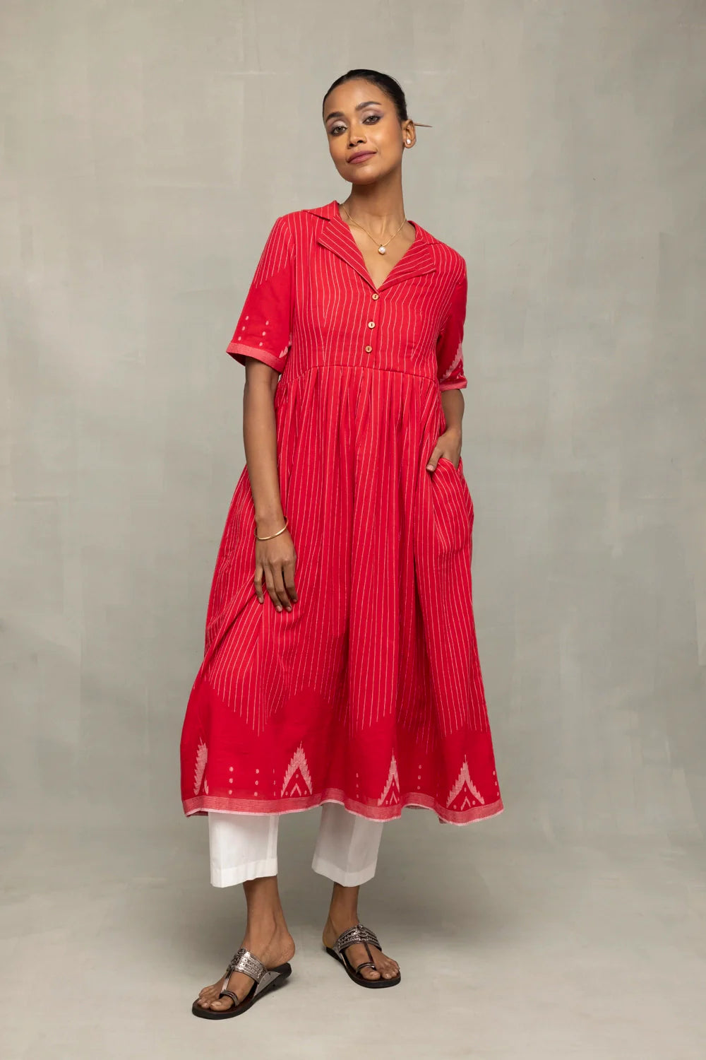 Red and White Temple Jamdani Pujo Kurta Set