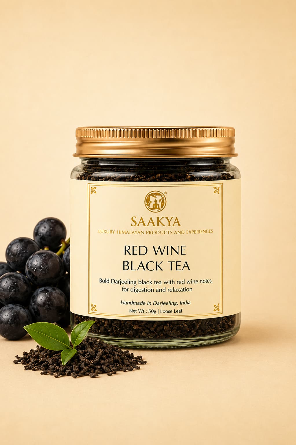 Saakya Himalayan Red Wine Black Tea handcrafted with premium Darjeeling black tea and wine-inspired botanical notes.