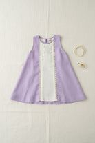 Provence organic cotton-linen panel girls dress front view in lilac with contrasting panel details