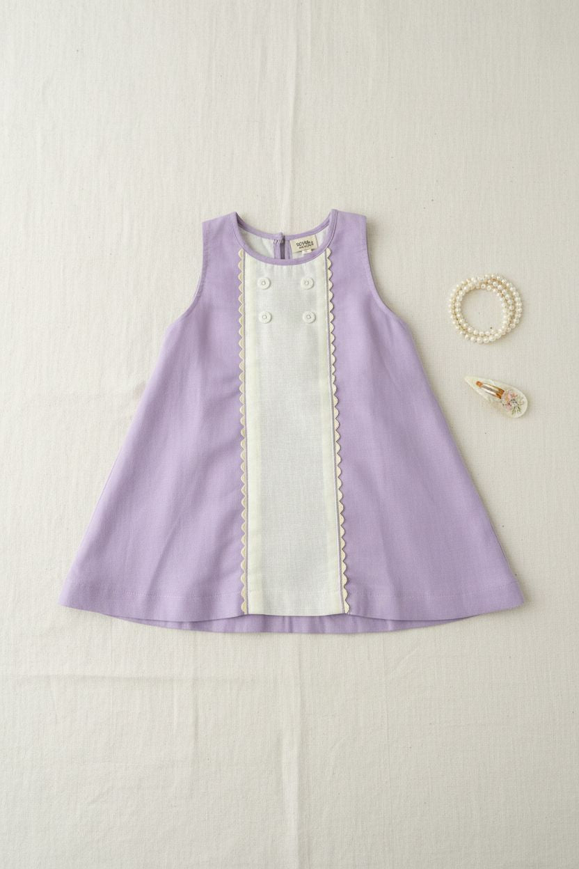 Provence organic cotton-linen panel girls dress front view in lilac with contrasting panel details