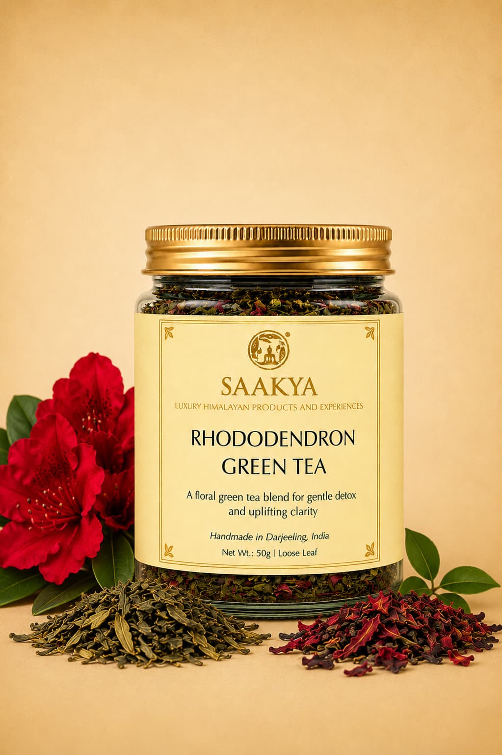 Saakya Himalayan Rhododendron Green Tea handcrafted with premium Darjeeling green tea and Himalayan rhododendron flowers.