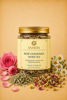 Saakya Himalayan Rose Chamomile White Tea handcrafted with premium Himalayan white tea, rose petals and chamomile flowers.