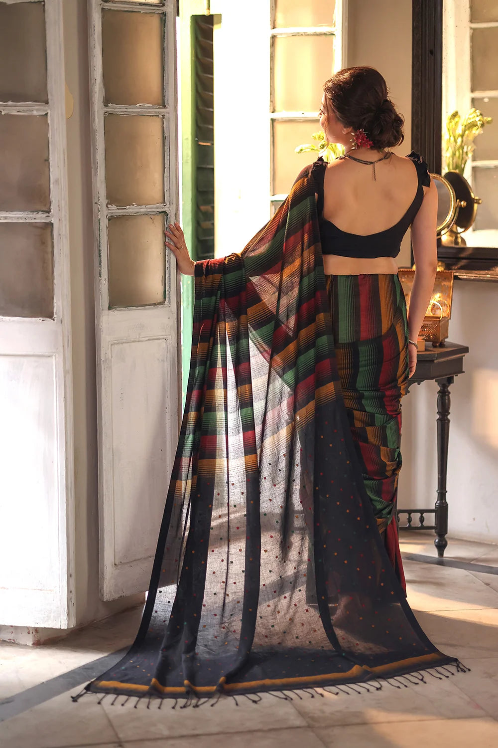 Handloom Black Pure Cotton Saree With Multi Colour Stripes
