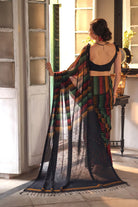 Handloom Black Pure Cotton Saree With Multi Colour Stripes