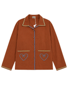 Brown cotton shirt with embroidered heart designs on a white background