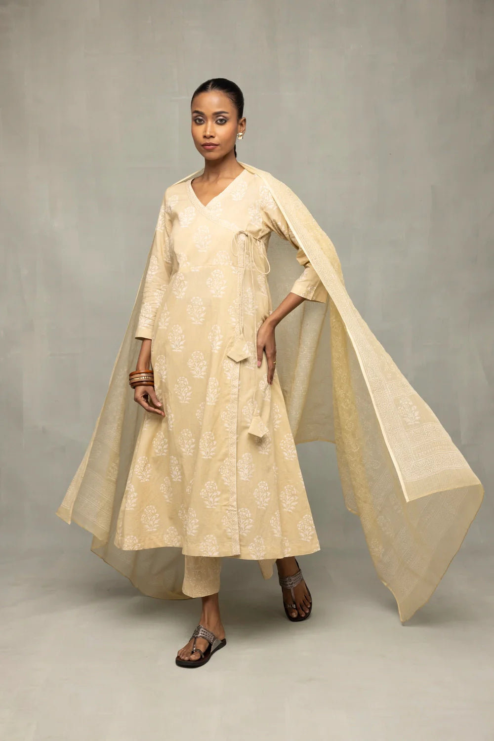 Sahara Gold Hand Block Printed Angrakha Kurta Set with Dupatta