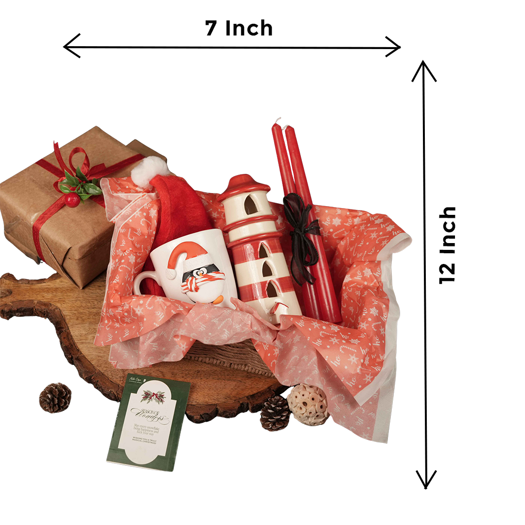 Santa Merry Magic Set – Christmas Gift Hamper with Penguin Mug, Santa Cap, Candles & Tealight House | Premium Festive Gift Box India - https://artecasa.in/