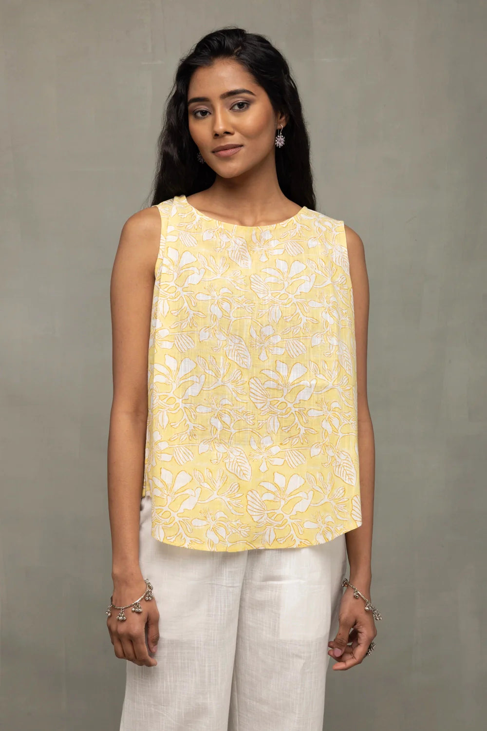 Soft Sunshine Block Print Buttoned Cotton Top