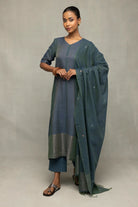 Teal Jamdani Kurta Set with Silver Zari Border and Dupatta