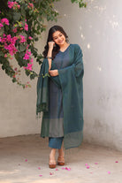 Teal Jamdani Kurta Set with Silver Zari Border for Casual Wear