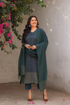 Teal Jamdani Straight Fit Kurta Set with Silver Zari Border for Office Wear