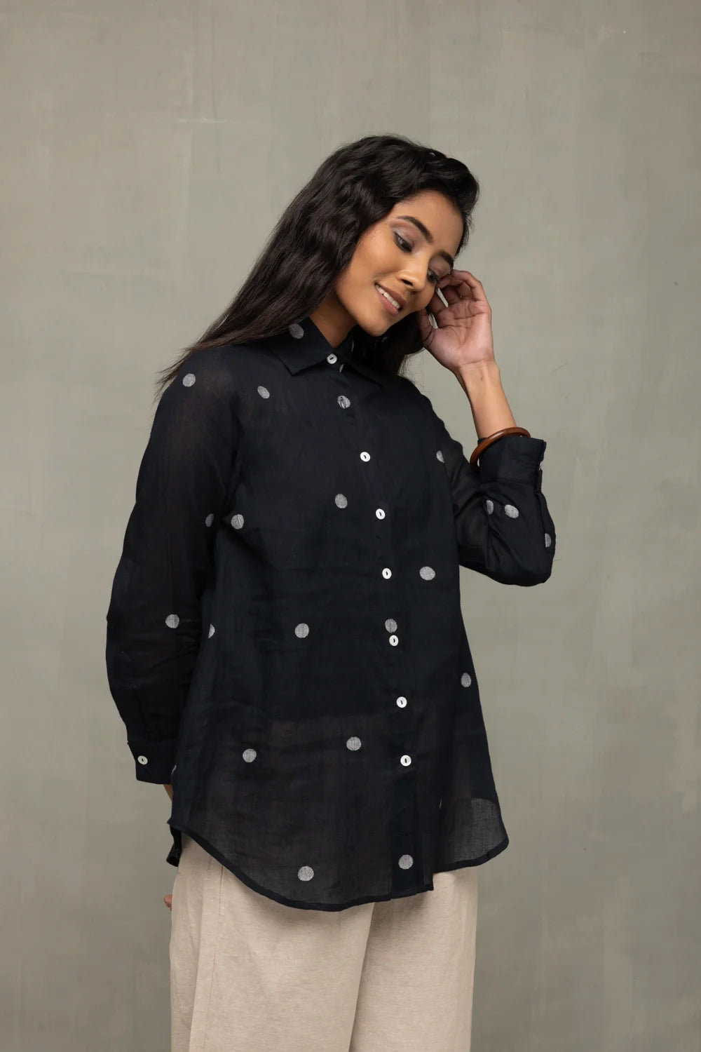 Traditional Black Polka Dot Jamdani Shirt for Ethnic Wear