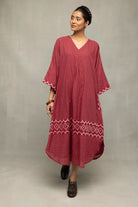Crimson Checkered Jamdani Kaftan Dress-Sutra Art of Clothing