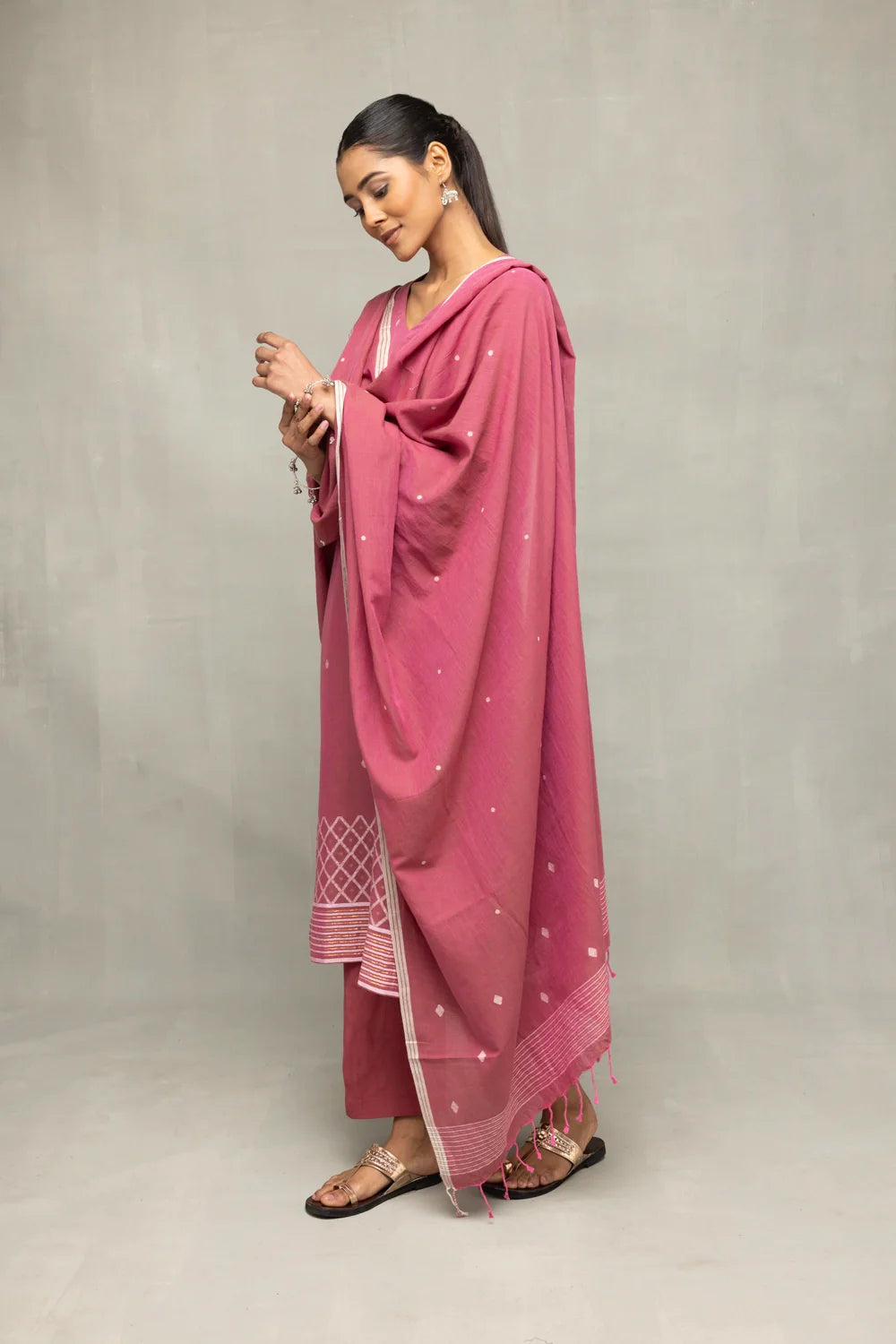 Traditional Dusty Rose Cross Motifs Jamdani Kurta Set for Ethnic Wear