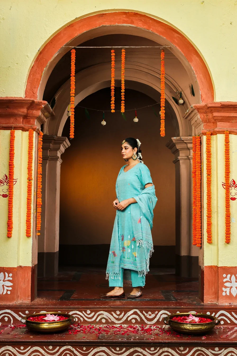Traditional Green Handloom Jamdani Kurta Set with Dupatta for Ethnic Wear