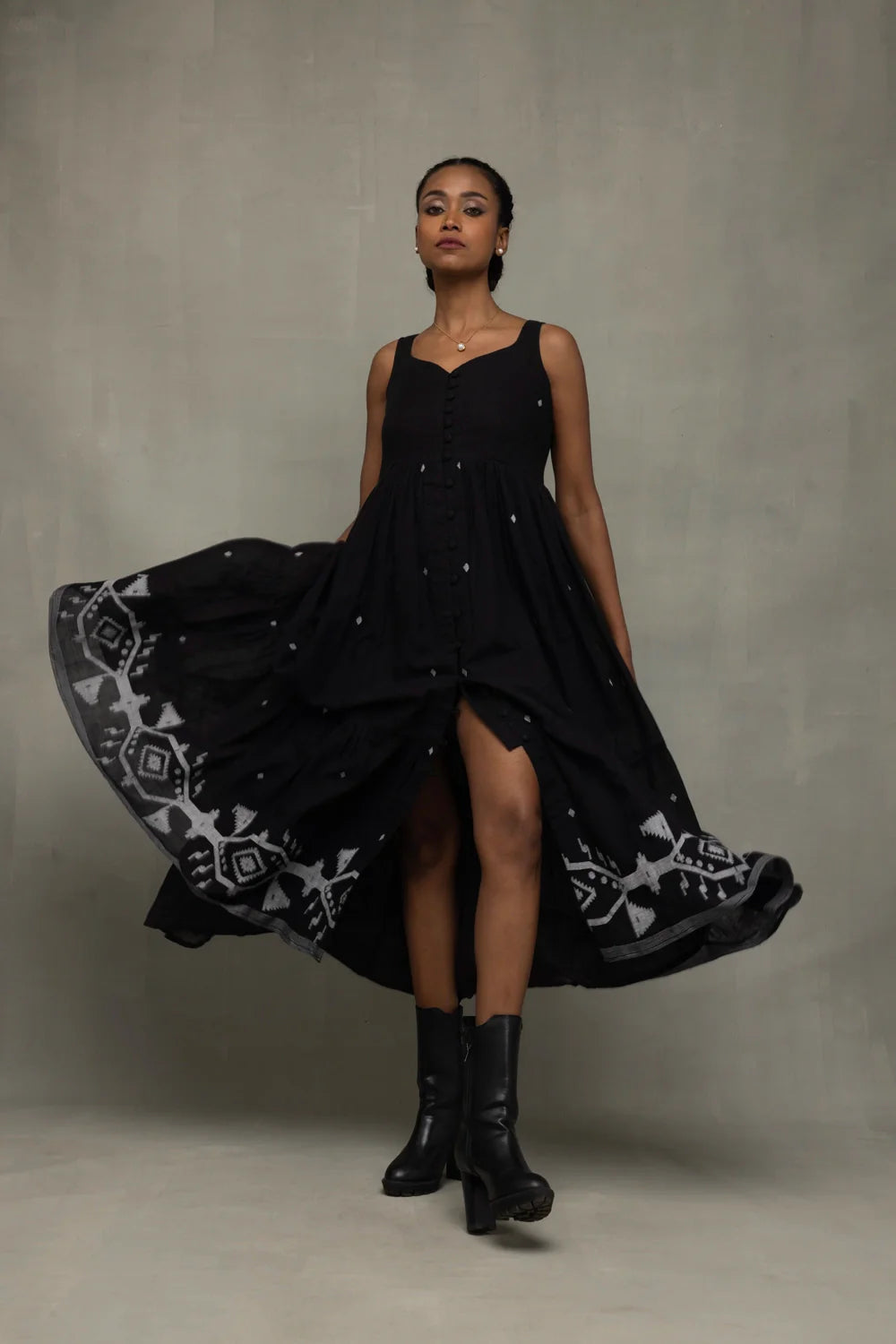 Traditional Midnight Black Handwoven Jamdani Tiered Midi Dress for Ethnic Wear