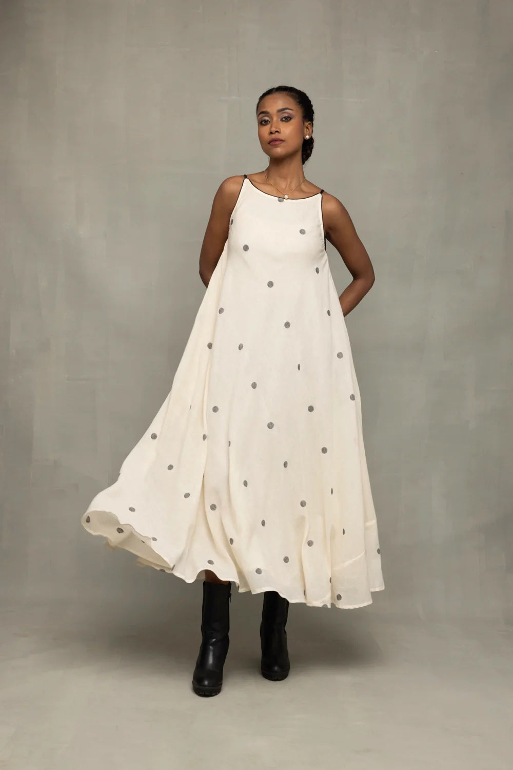 Traditional Pearl White Handwoven Jamdani Trapeze Dress for Ethnic Wear