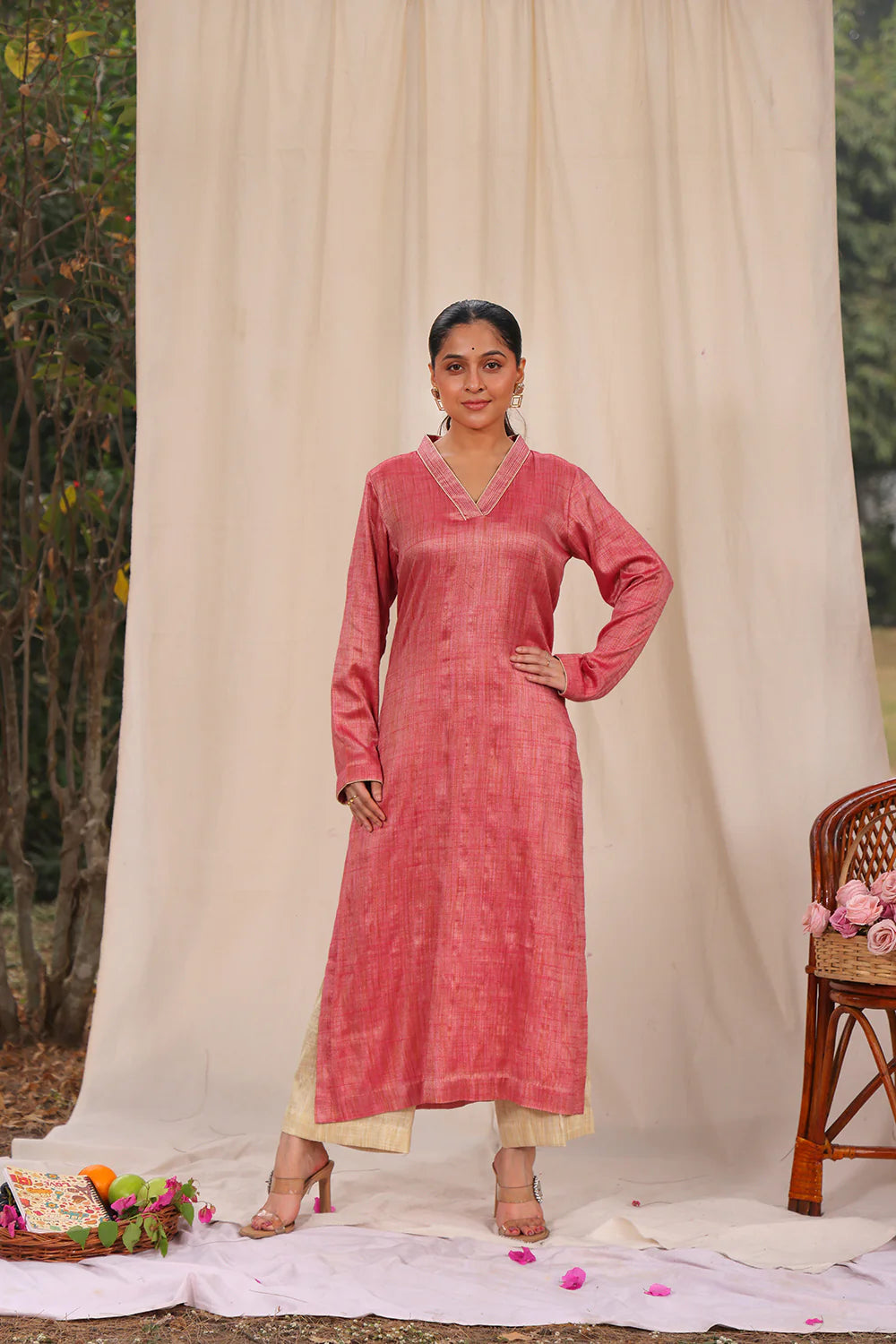 Traditional Pink and Cream Khadi Cotton Co-ord Set for Ethnic Wear