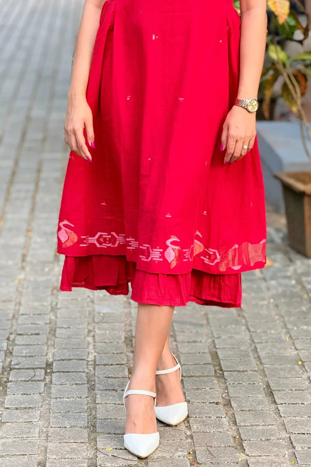Traditional Radiance Red Handwoven Jamdani Layered Dress for Ethnic Wear