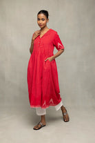 Traditional Red and White Jamdani Kurta Set with Temple Motifs for Durga Pujo