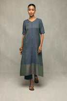 Traditional Teal Jamdani Kurta Set with Silver Zari Border for Ethnic Wear