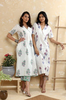 Traditional White Pink Pure Cotton Green Block Print Kurta Set for Ethnic Wear